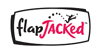 The FlapJacked logo shows “flapJACKed” with “flap” in black and “JACKed” in bright pink, plus a small jumping figure above the text inside a rounded black-outlined frame.