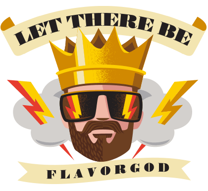 The Flavorgod logo shows a crowned bearded man in sunglasses with lightning bolts and banners reading “LET THERE BE” above and “FLAVORGOD” below.