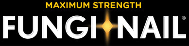 The FUNGI-NAIL logo shows “MAXIMUM STRENGTH” above bold white text “FUNGI•NAIL” with a glowing yellow diamond between the words on a black background.