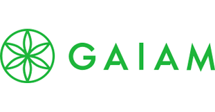 The Gaiam logo shows “GAIAM” in bold green letters next to a circular flower symbol with eight symmetrical petals, symbolizing balance and wellness.