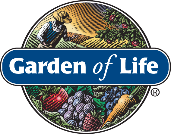 The Garden of Life logo shows a farmer in a field with fruits and vegetables, overlaid by a blue banner with the white text “Garden of Life.”