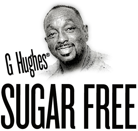 The G Hughes logo shows a black-and-white portrait of founder Guy Hughes above the bold words “SUGAR FREE”, with “G Hughes®” in slanted text beside it.