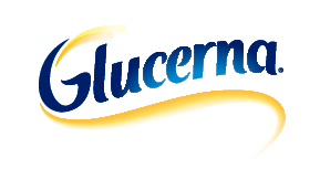 The Glucerna logo features blue gradient text with a golden swoosh underneath, symbolizing energy and nutrition.