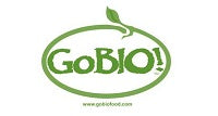 The GoBio logo features the word “GoBIO!” in bold green letters inside a green oval outline, with a small leaf sprouting from the top of the oval to emphasize its organic, natural identity.