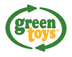 The Green Toys logo shows “green” in dark green and “toys” in yellow, encircled by two green arrows forming a recycling loop.