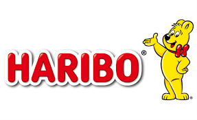 The Haribo logo shows bold red letters with a white outline and a smiling yellow gummy bear mascot wearing a red bow tie.