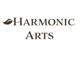 The Harmonic Arts logo features the brand name in an elegant serif font, with a small leaf design replacing the crossbar in the letter “H,” symbolizing its herbal roots.