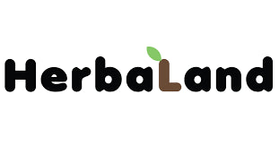 The Herbaland logo shows bold black text with a brown “L” topped by a green leaf, symbolizing plant-based health and sustainability.