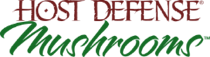 The Host Defense logo shows “Host Defense” in red uppercase letters above “Mushrooms” in green script, symbolizing natural wellness.