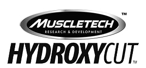 The Hydroxycut logo features bold, slanted text with “HYDROXYCUT” beneath the Muscletech oval emblem, conveying energy, strength, and scientific backing.