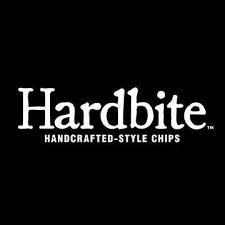 The Hardbite logo displays "Hardbite" in bold white serif font on a black background, with "Handcrafted-Style Chips" in smaller uppercase letters below.