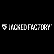 The Jacked Factory logo shows bold white text with a rugged texture next to a shield icon with diagonal stripes, symbolizing strength and athletic performance.