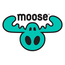 A playful turquoise cartoon moose face with large antlers appears beneath bold black lowercase “moose” text.