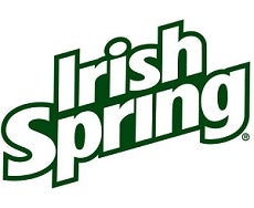 The Irish Spring logo features the brand name in bold, white lettering with a dark green outline, slanted upward to convey freshness and energy.