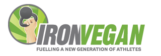 The Iron Vegan logo shows a fist holding a kettlebell, with “IRON” in grey and “VEGAN” in green, symbolizing plant-powered athletic strength.