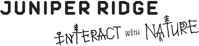 The Juniper Ridge logo shows bold uppercase text for the brand name above the phrase “Interact with Nature,” with hand-drawn letters and small tree icons, evoking a wild, natural aesthetic.