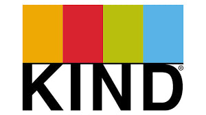 The Kind Snacks logo features four vertical colour blocks—orange, red, green, and blue—stacked above the bold black word “KIND” in all capital letters on a white background.