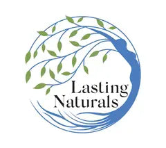 The Lasting Naturals logo shows a circular blue brushstroke forming a ring, with a stylized tree growing inside it, featuring flowing branches and green leaves, and the brand name “Lasting Naturals” written in black text at the center.