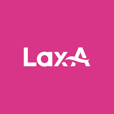 The LAX-A-DAY logo features bold white text “Lax-A” on a vibrant pink background, with a wave design in the "A" symbolizing gentle relief.