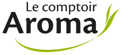 The Le Comptoir Aroma logo shows black text with “Aroma” in bold and a green curved line ending in two leaves, symbolizing natural wellness.