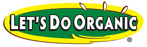 The Let’s Do Organic logo features bold white text outlined in red on a green oval background, surrounded by a bright yellow border with small sprouting-leaf graphics above the lettering.