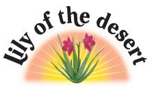 The Lily of the Desert logo shows a green aloe plant with two pink flowers under an arching black brand name and a yellow sunburst background.