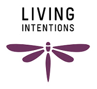 The Living Intentions logo features the brand name in bold black text above a simple purple dragonfly icon with clean, stylized wings.
