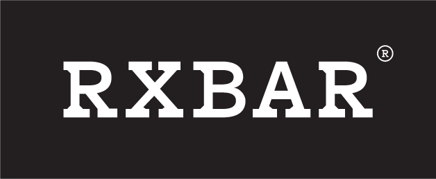 The RXBAR logo shows the word "RXBAR" in bold, black capital letters with a clean serif font on a dark background, paired with a small ® symbol.