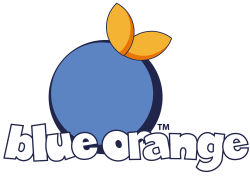 The Blue Orange Games logo features a large blue circle topped with two orange leaf-shaped petals, resembling an orange fruit, with the words “blue orange” written in bold white lowercase letters underneath.