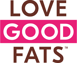 The Love Good Fats logo shows bold brown text with “GOOD” in white on a bright pink bar, creating a simple, vibrant, and energetic look.