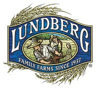 The Lundberg Family Farms logo shows a farmer harvesting rice within a blue banner reading “Lundberg Family Farms Since 1937,” framed by golden grain stalks.