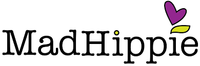 The Mad Hippie logo features the brand name “Mad Hippie” in a playful black font, with a purple heart and a small green leaf integrated above the letter "i" to evoke a natural, friendly, and eco-conscious image.