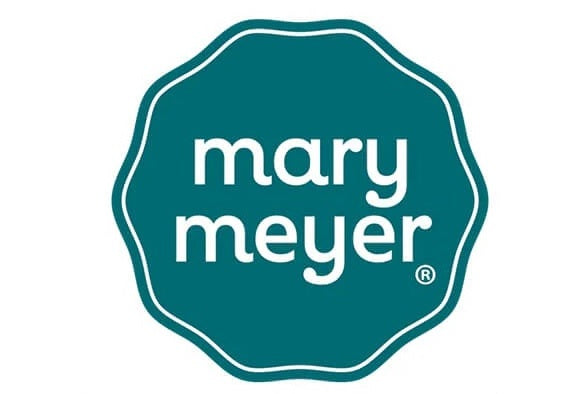 The Mary Meyer logo features a teal, badge-shaped background with softly curved edges, containing the words “mary meyer” in simple lowercase white letters for a clean and friendly look.