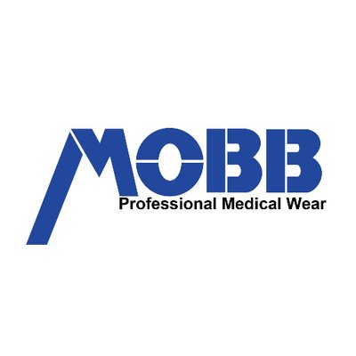 The MOBB Healthcare logo features the word “MOBB” in bold blue uppercase letters with a stylized “M” resembling a diagonal line, and the tagline “Professional Medical Wear” written below in black.
