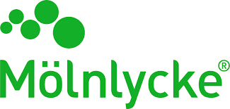 The Mölnlycke logo shows the brand name in green lowercase letters with five green dots above it, symbolizing innovation and care in healthcare.