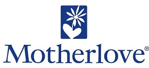The Motherlove logo shows a blue flower inside a square above the word “Motherlove” written in blue lettering, creating a calm and nurturing appearance.