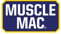 The Muscle Mac logo features bold white uppercase text reading “MUSCLE MAC” centered on a dark blue background with a yellow border, conveying strength and energy.