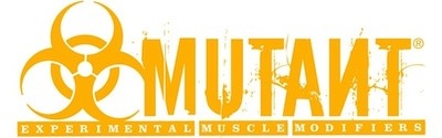 The Mutant logo features a bold yellow wordmark with a biohazard symbol on the left and the tagline “Experimental Muscle Modifiers” below.
