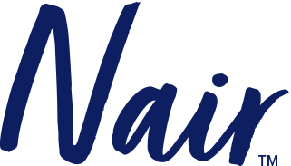 The Nair logo features bold, cursive blue text with a clean and modern design, highlighting the brand’s focus on smoothness and beauty.