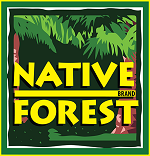 The Native Forest logo features bold yellow text reading “Native Forest” set against a dark green background with illustrated tropical leaves and trees, framed by a rectangular border.