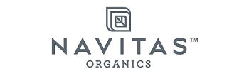 The Navitas Organics logo shows a gray leaf icon above the brand name in bold, modern lettering, symbolizing natural and organic plant-based nutrition.