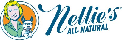 The Nellie's All-Natural logo features a smiling illustrated woman holding a small dog inside a circular badge, next to the brand name “Nellie's All-Natural” written in blue script lettering.