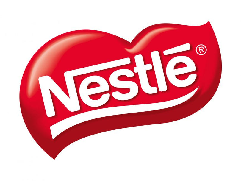 The Nestle logo features the brand name "Nestlé" in bold, white letters with a slight italic slant, placed on a glossy red, heart-shaped background with a subtle shine.