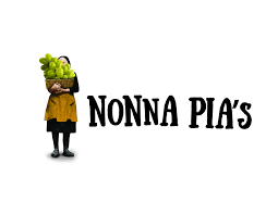 The Nonna Pia’s logo shows an illustrated woman in an apron holding a basket of green grapes beside the words “Nonna Pia’s” in bold black lettering.