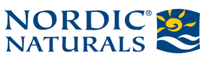 Nordic Naturals logo shows blue text with a yellow sun and white waves icon, symbolizing purity and Nordic origins.