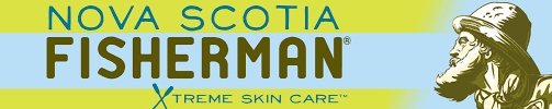 The Nova Scotia Fisherman logo features bold green and blue text with the tagline “Xtreme Skin Care™” and an illustration of a rugged fisherman in profile.