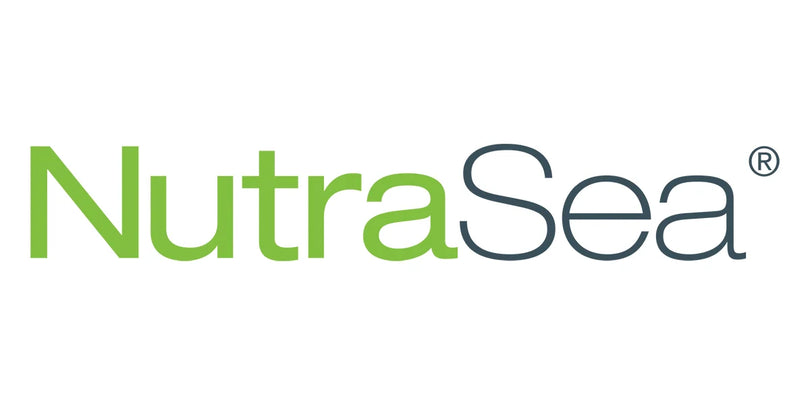 NutraSea logo features the brand name in a clean, modern font with “Nutra” in light green and “Sea” in dark blue, symbolizing freshness, nature, and marine purity.