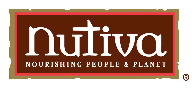 The Nutiva logo features the brand name “nutiva” in bold white lowercase letters on a brown background with a red border, and the tagline “Nourishing People & Planet” below.