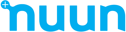 Nuun logo shows bold, rounded blue lowercase letters with a small white cross on the first “n,” symbolizing hydration and wellness.