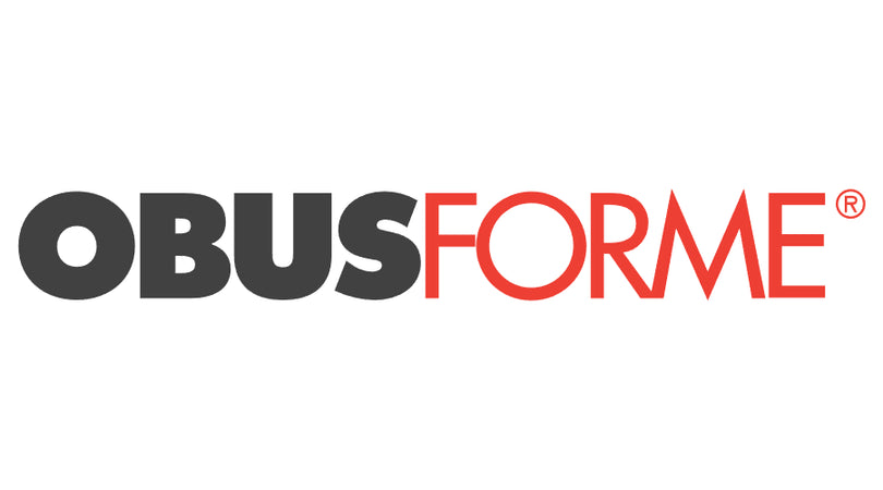 ObusForme logo features the brand name in bold uppercase letters, with “OBUS” in black and “FORME” in red, highlighting its focus on form, support, and wellness.